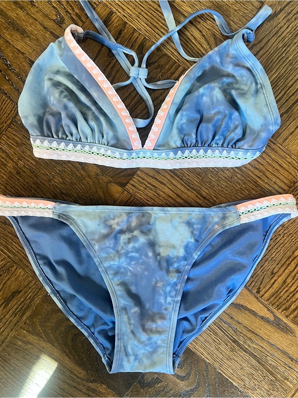 Blue Tie-Dye Two-Piece Swim Set with Pink Trim